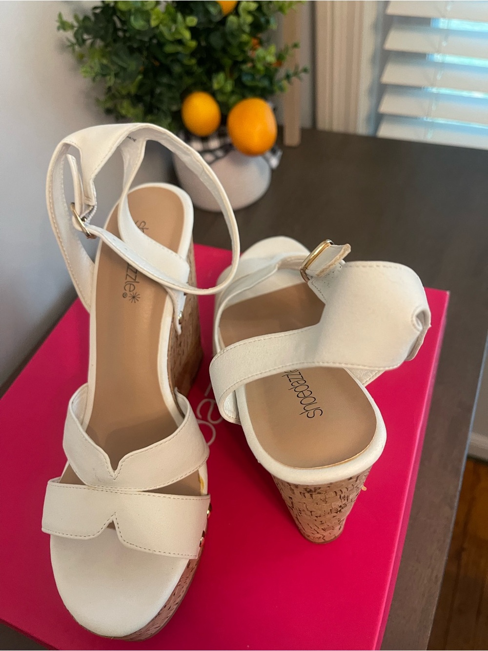 Shoedazzle White Cork Wedge Sandals with Ankle Strap